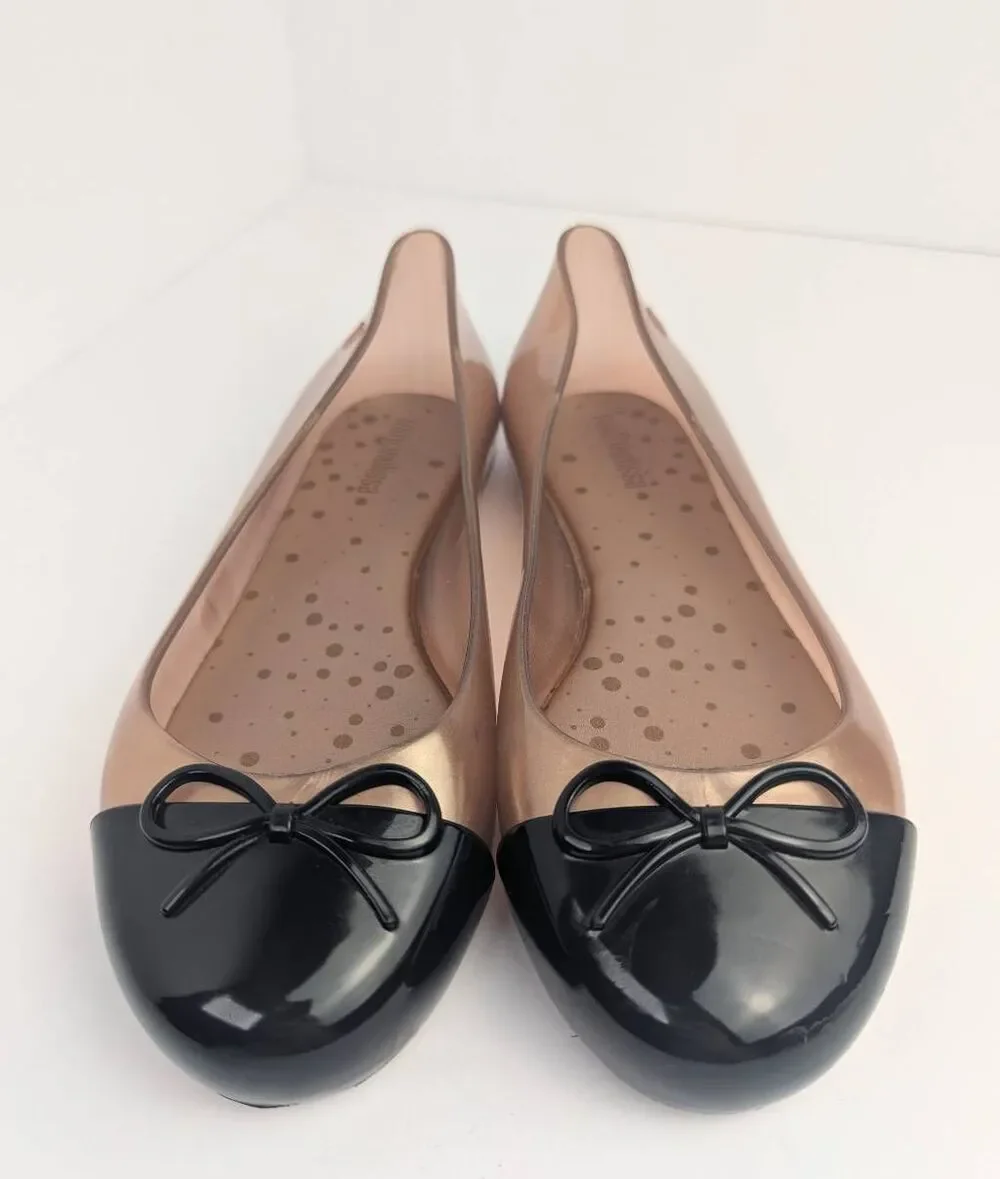 Mini Melissa Sweet Love Rose gold & black cap toe bow flats jellies girls 2